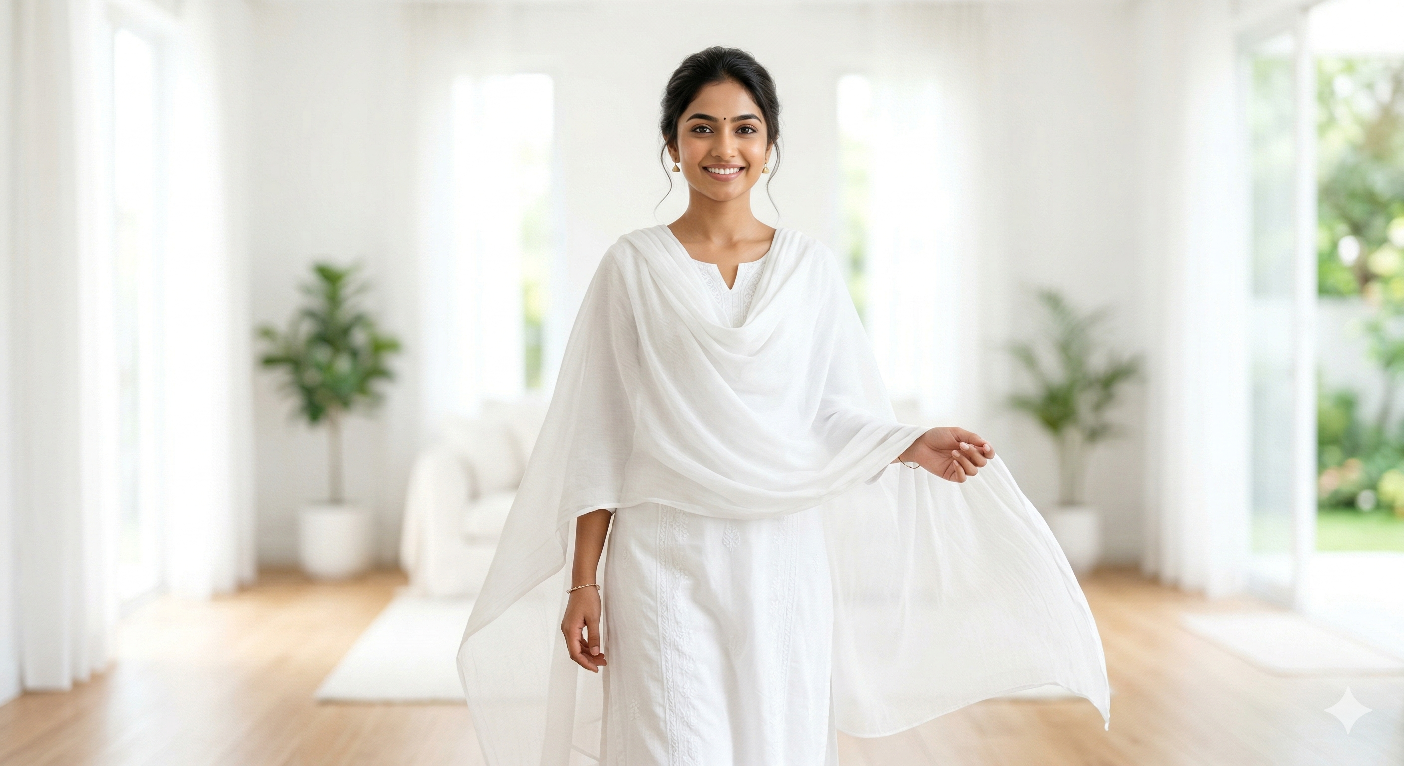 Woman in a white saree standing in a bright, minimalistic room.