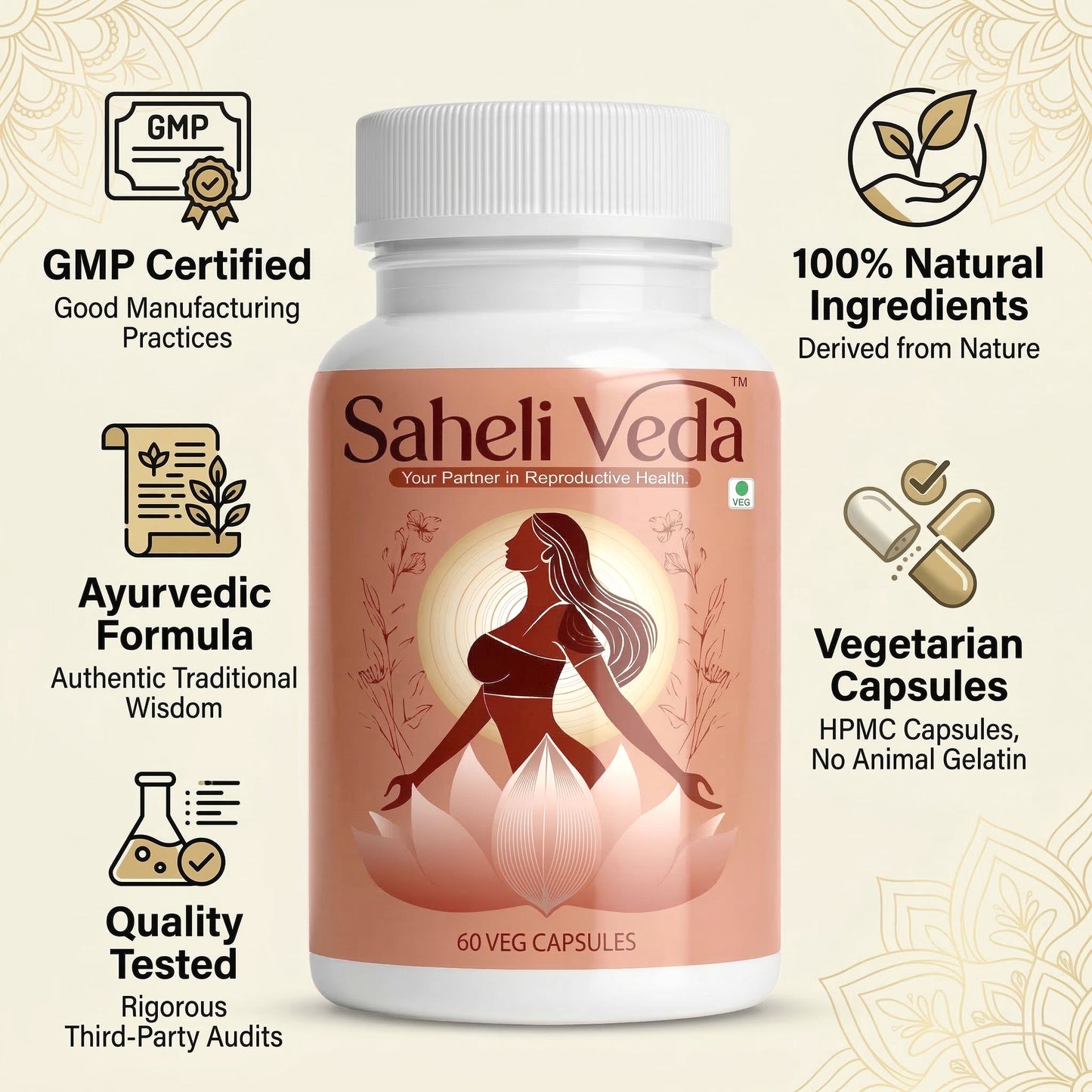 Saheli Veda supplement bottle with certification icons on a beige background