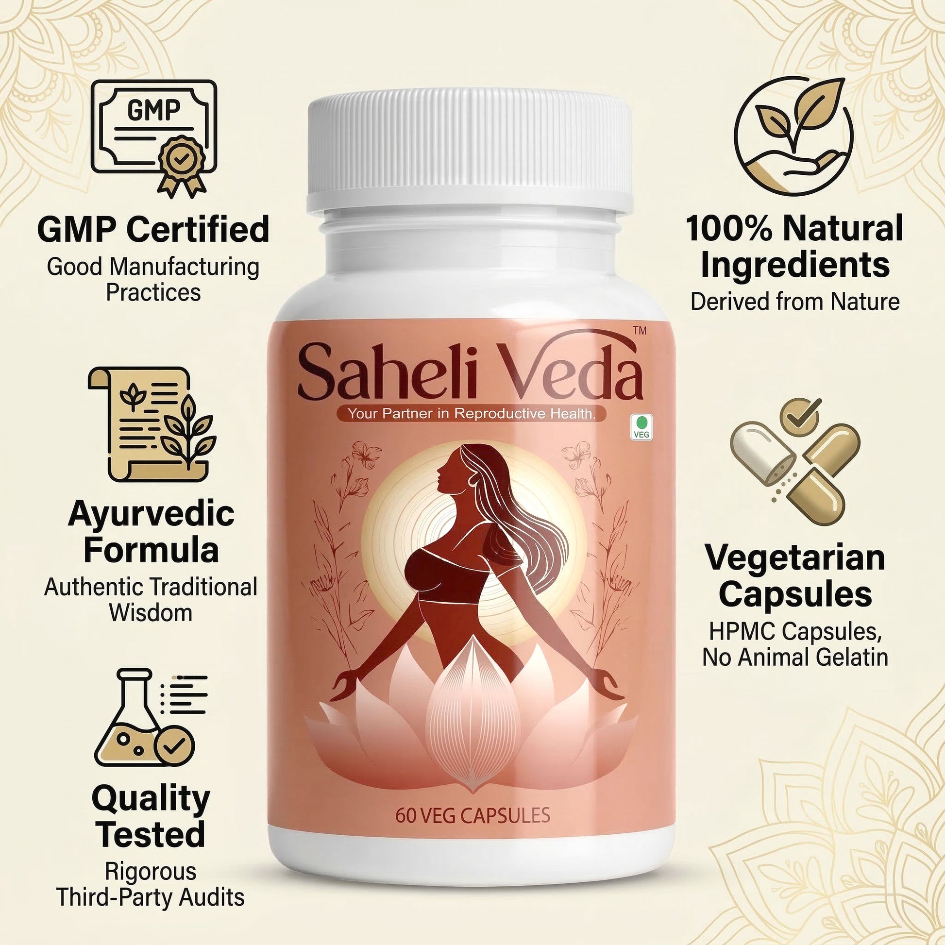 Saheli Veda supplement bottle with certification icons on a beige background