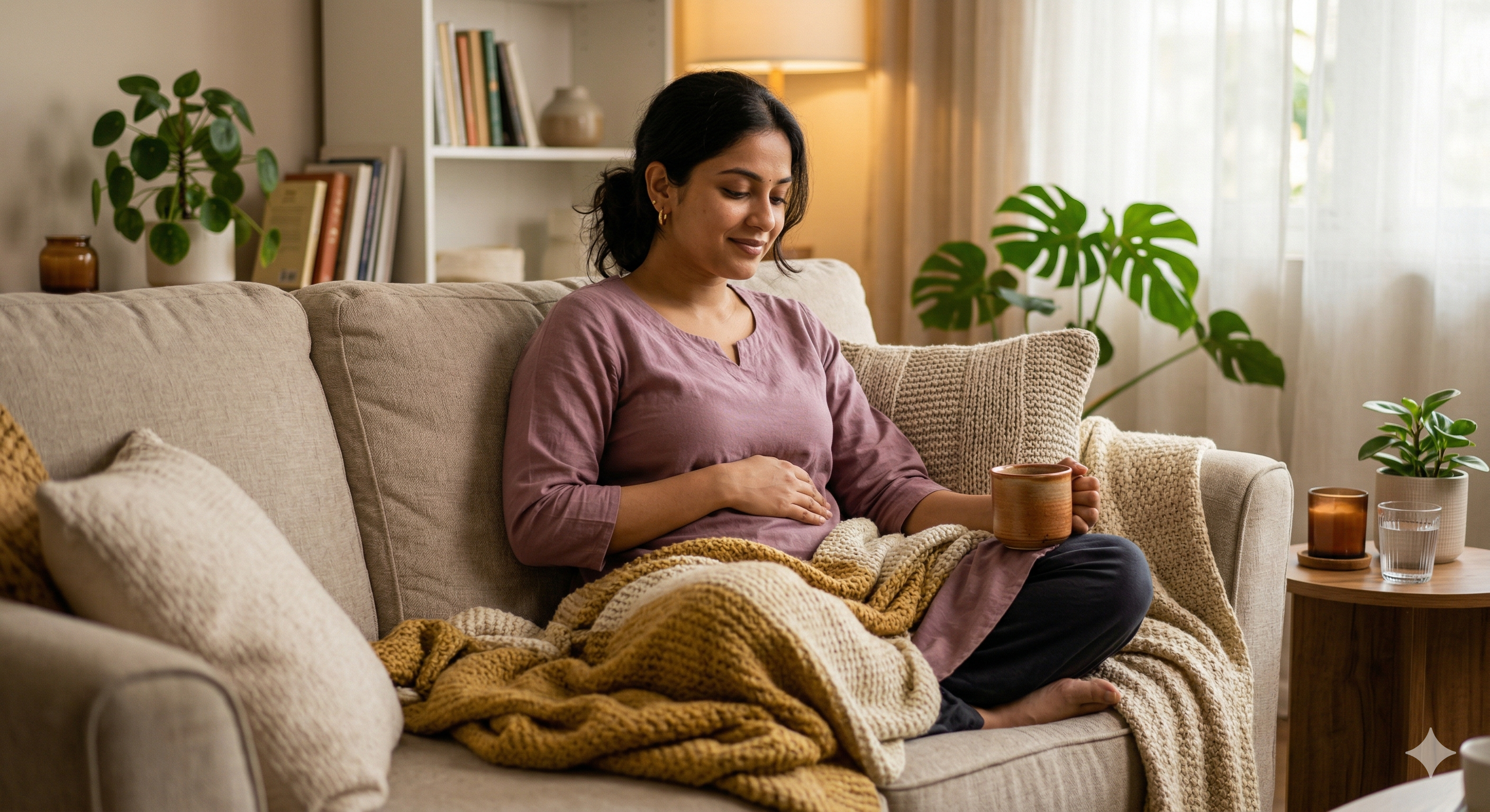 Woman sitting on a couch holding a mug in a cozy living room.