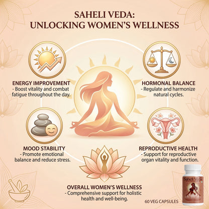 Advertisement for Saheli Veda, a product line for women's wellness with icons and text on a beige background.