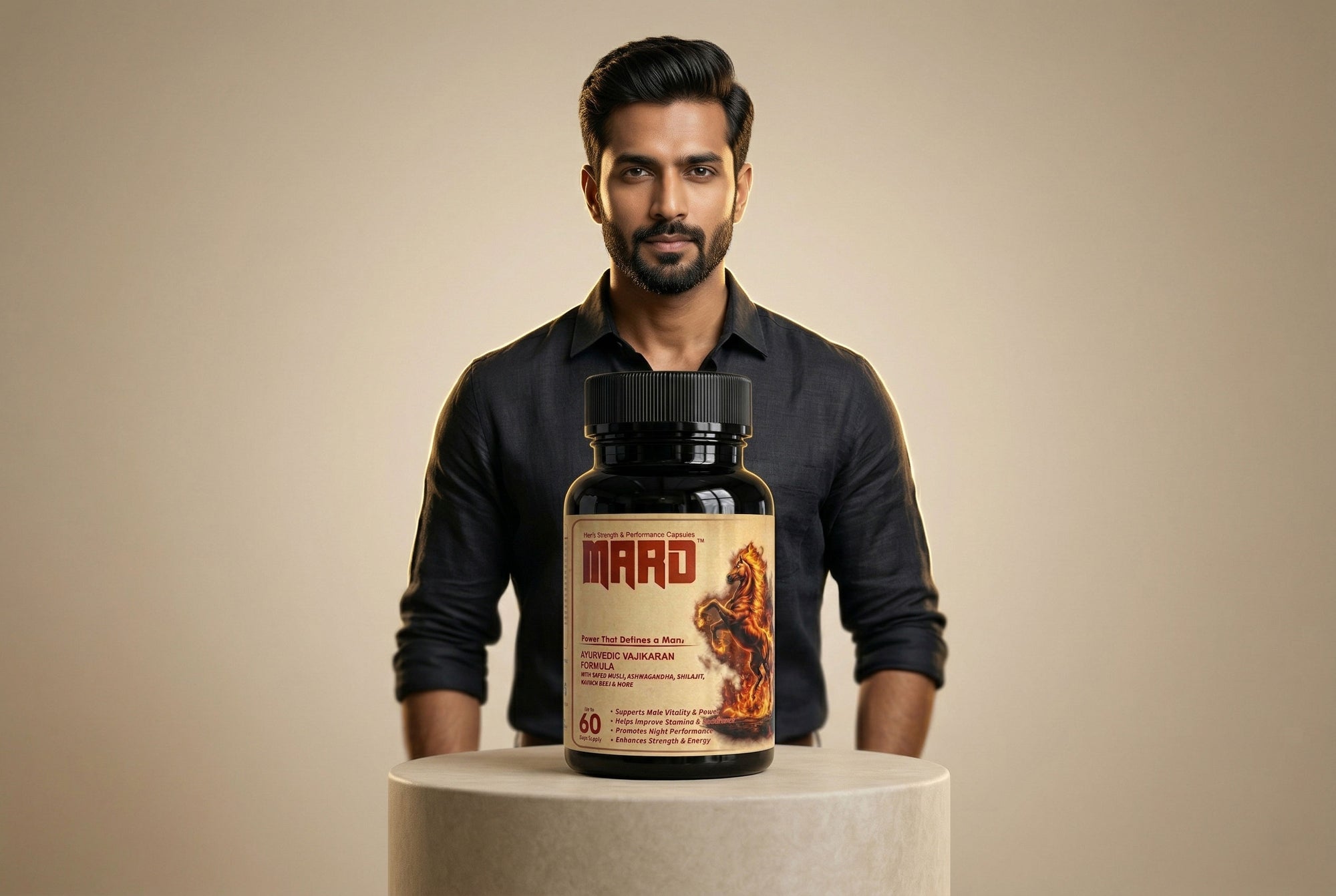 Man holding a supplement bottle labeled 'MAD' on a beige background