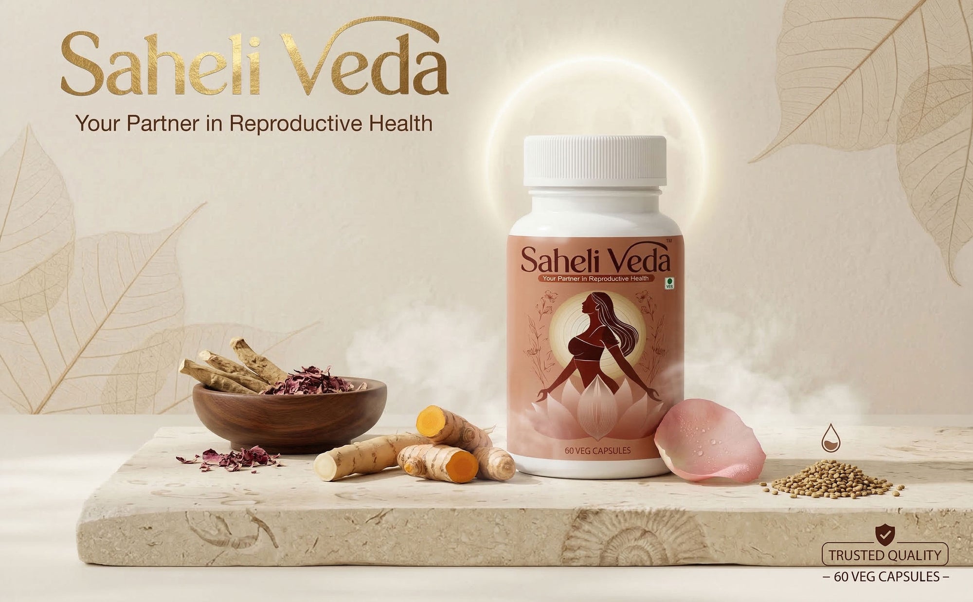 Saheli Veda product on a wooden surface with natural elements and branding text.