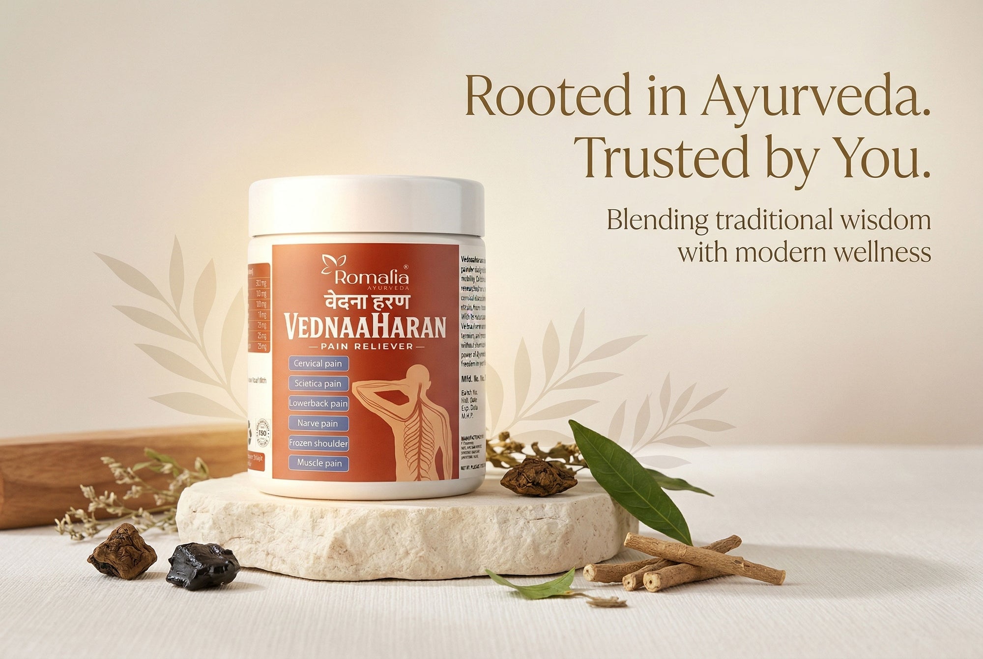 Vednaaharan product on a white surface with text about Ayurveda