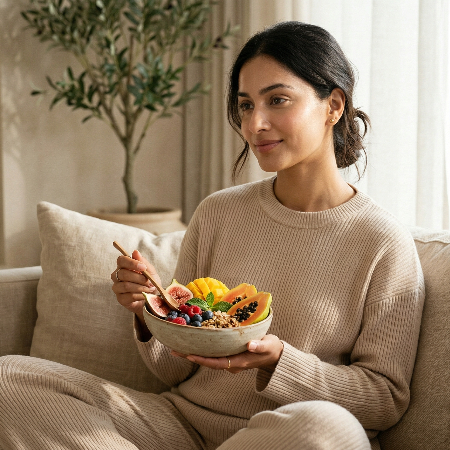 Woman sitting on a couch holding a bowl of fruit in a cozy living room.