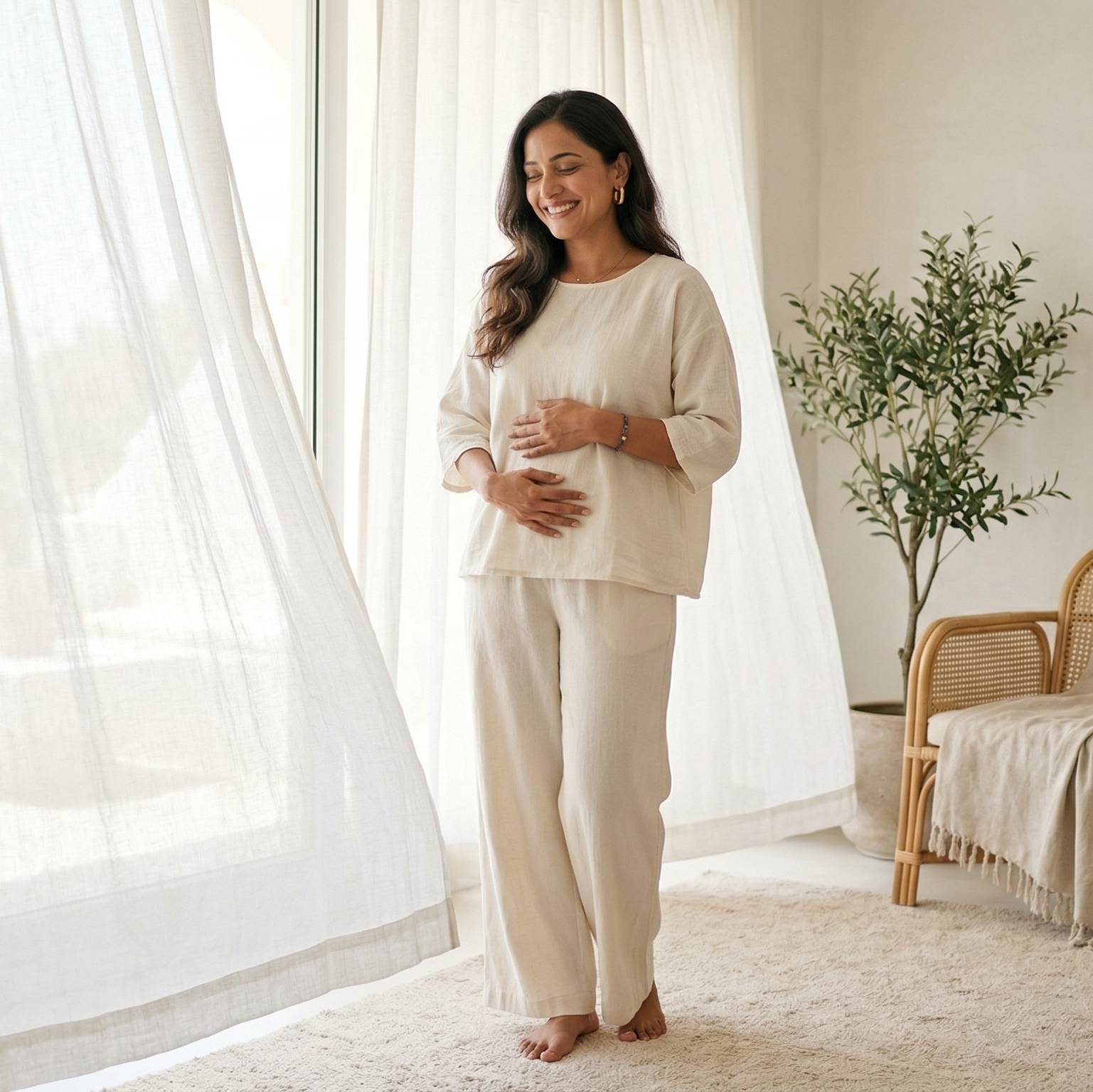 Pregnant woman standing in a bright, minimalistic room with white curtains and a wooden chair.