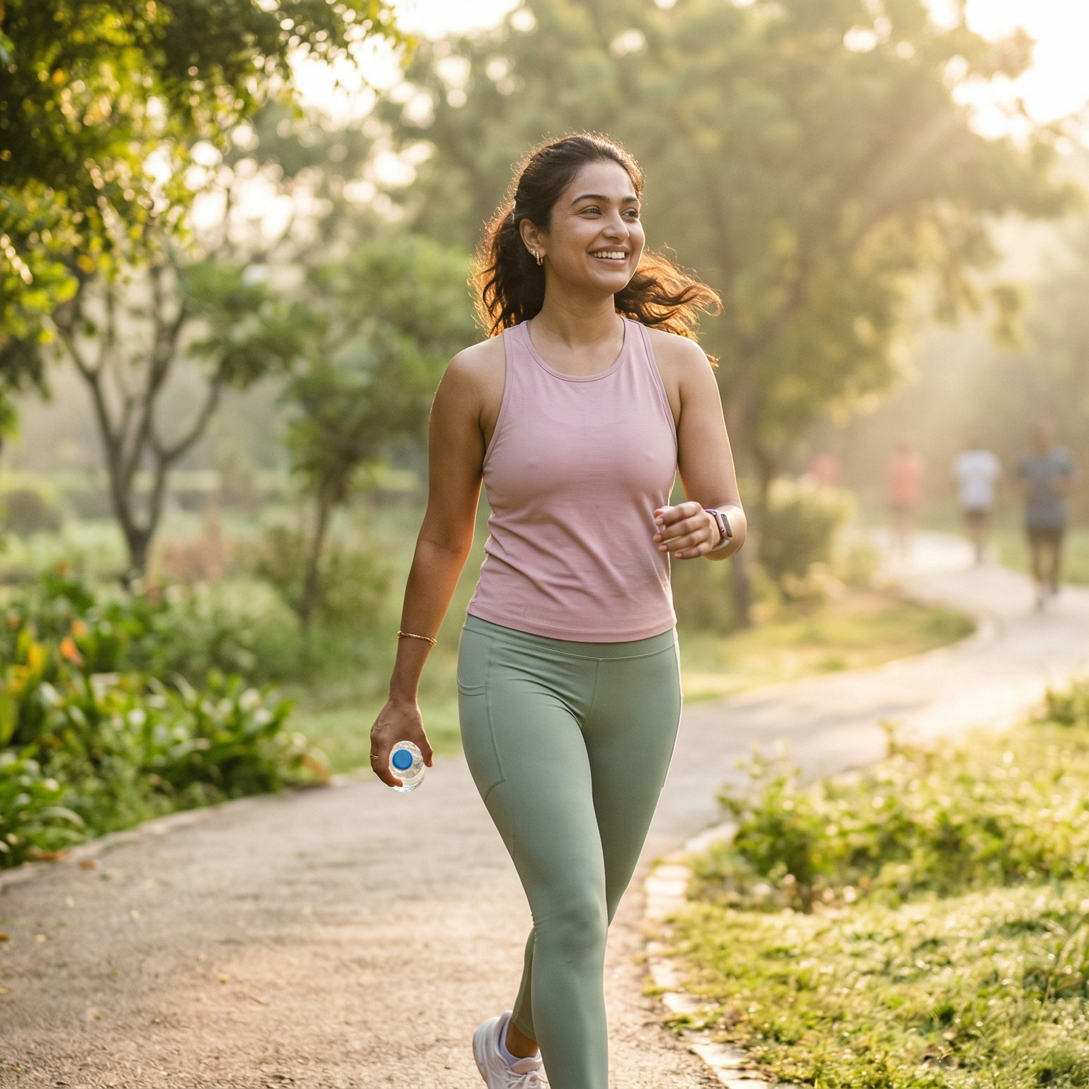 Woman running on a path in a park with trees and greenery