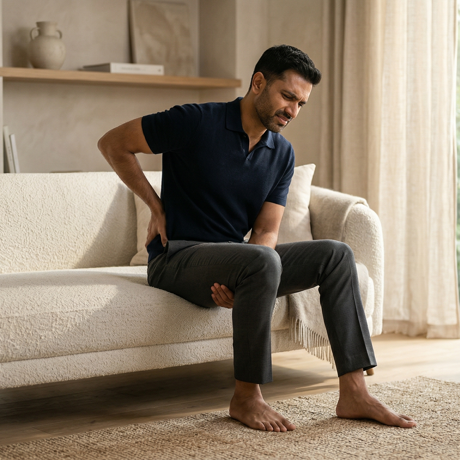 Man experiencing back pain in a living room