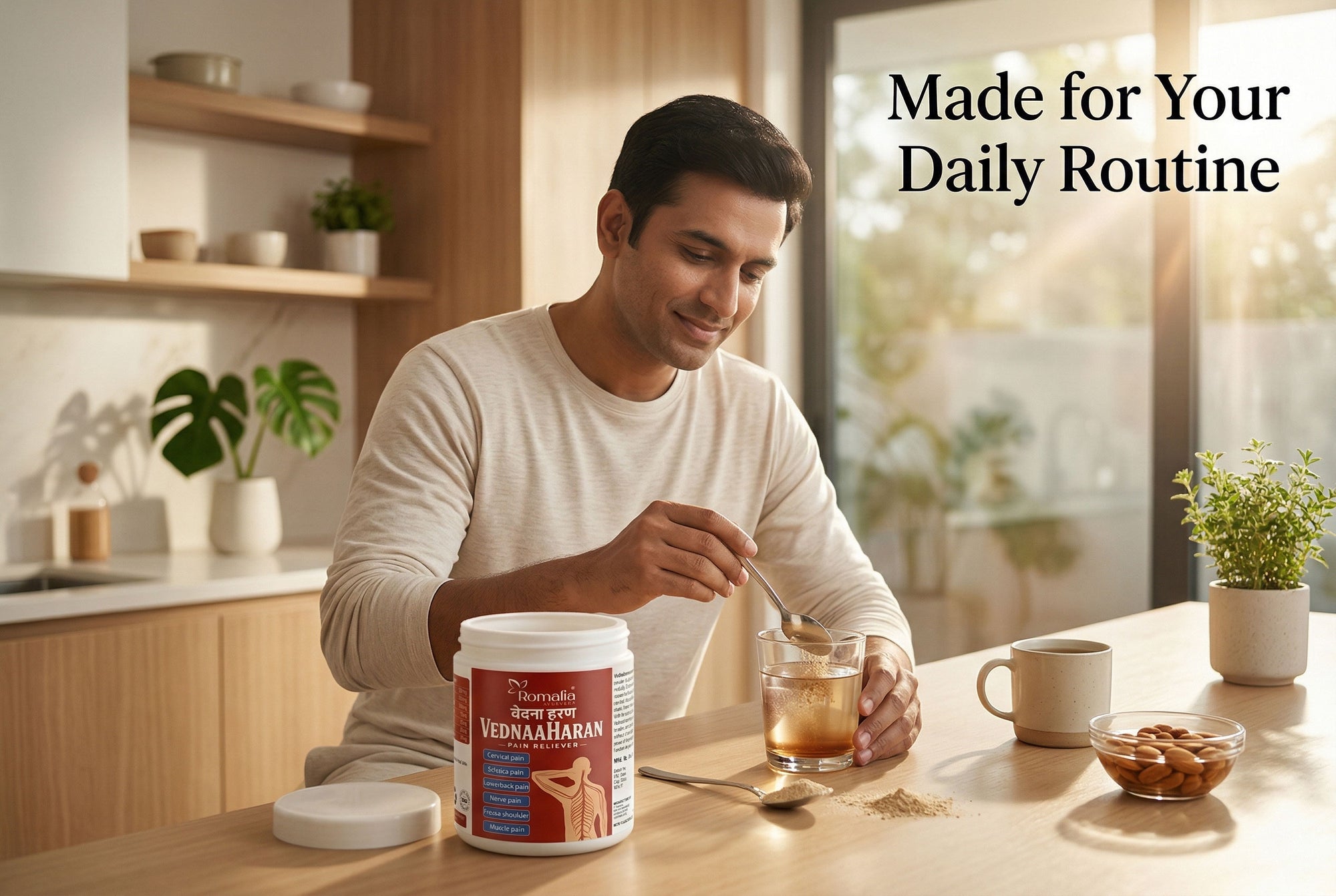Man in a kitchen preparing a drink with a container labeled 'Vedana Herbals'.