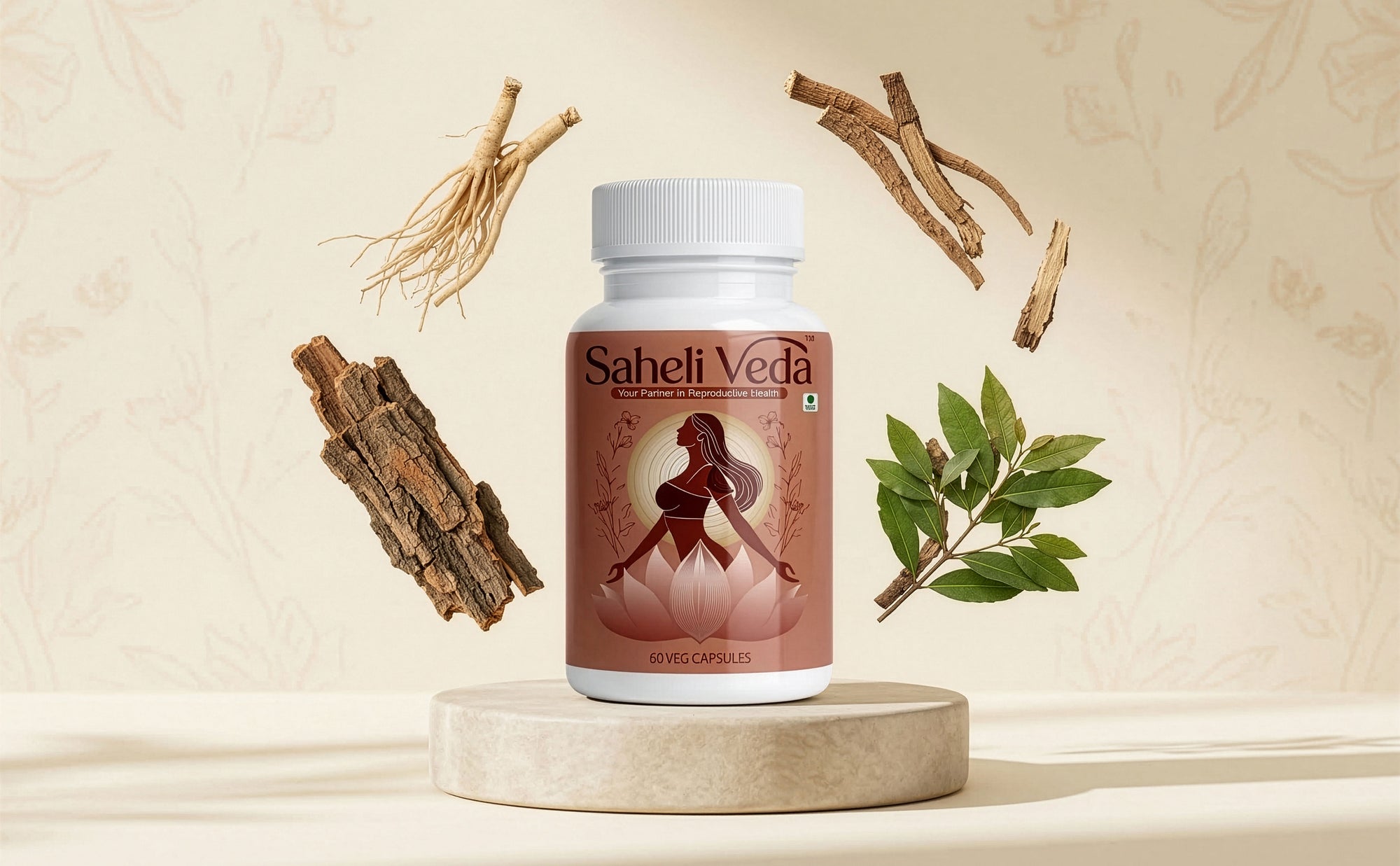 Saheli Veda supplement bottle with natural elements on a beige background