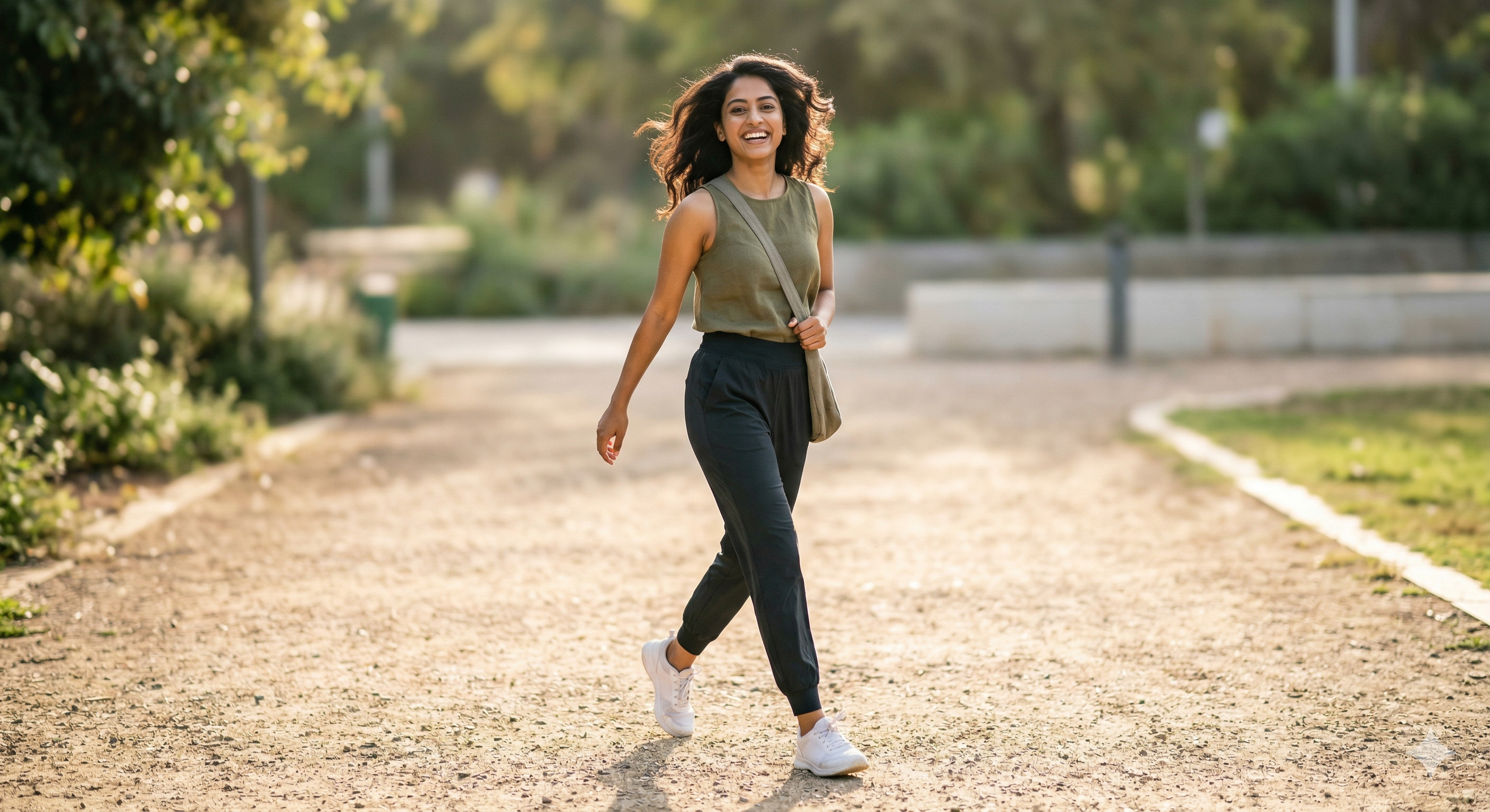 Woman walking on a path in a park